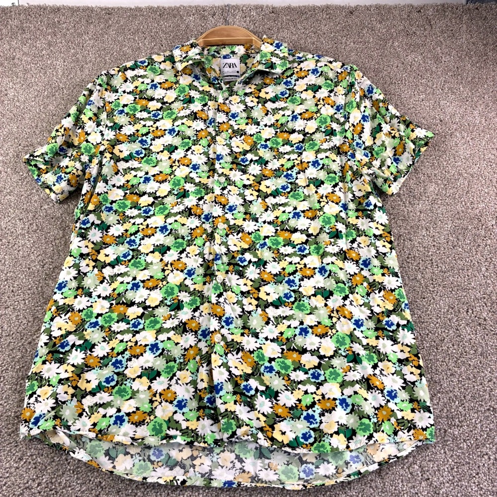 ZARA Mens Large Short Sleeve Button Up Floral Print Regular Fit Shirt Preppy